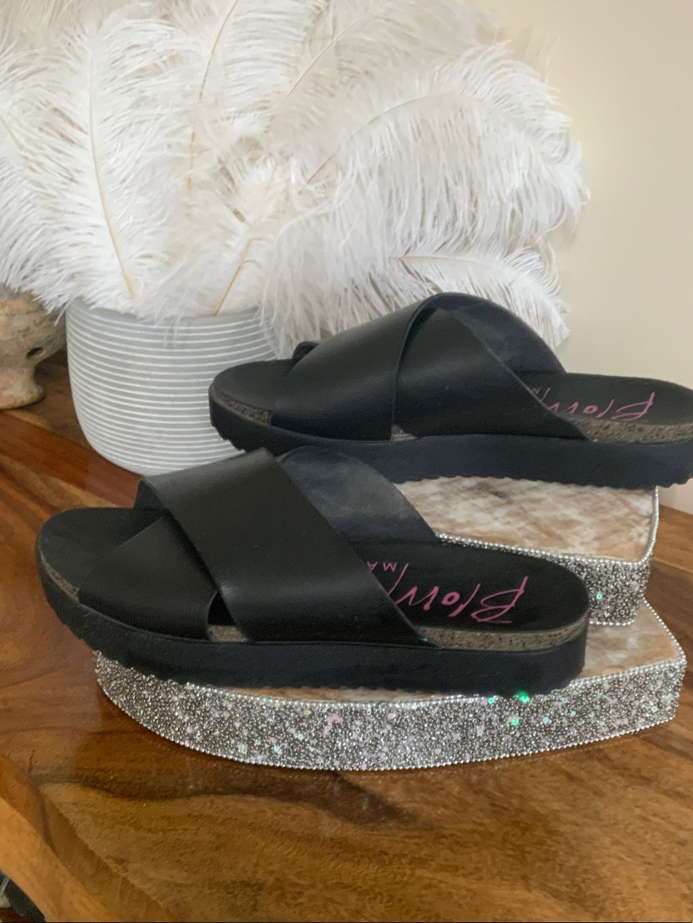 Blowfish Black Cross-Strap Glitter Platform Slide Sandals